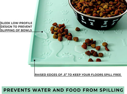 Food Mat Feeding Tray - Non-Slip, Anti-Spill, Raised Dog Food Bowl Mat, Easy Clean Waterproof - Premium Quality Silicone - Perfect for Dogs and Cats, 24"X16" (Cool Mint)