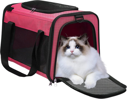 Airline Approved Cat Carrier, Soft Sided Collapsible Puppy Carrier with Locking Safety Zippers, Removable Fleece Pad and Pockets for Small Dogs Puppies Large Cat (L, Pink)
