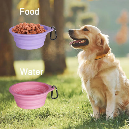 2-Pack Silicone Collapsible Dog Bowls, BPA Free Dishwasher Safe, Portable Foldable Expandable Travel Bowl, Food Water Feeding Cup Dish for Dogs Cats with 2 Carabiners (Purple, Pink)