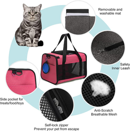 Airline Approved Cat Carrier, Soft Sided Collapsible Puppy Carrier with Locking Safety Zippers, Removable Fleece Pad and Pockets for Small Dogs Puppies Large Cat (L, Pink)