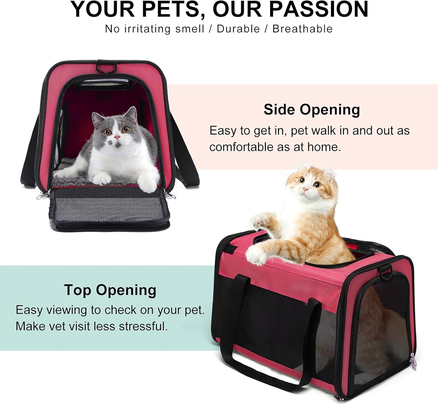 Airline Approved Cat Carrier, Soft Sided Collapsible Puppy Carrier with Locking Safety Zippers, Removable Fleece Pad and Pockets for Small Dogs Puppies Large Cat (L, Pink)