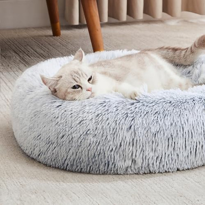 Faux Fur Dog & Cat Bed, Calming Donut Cuddler, Anti-Anxiety round Warm Washable Bed for Small to Large Pets