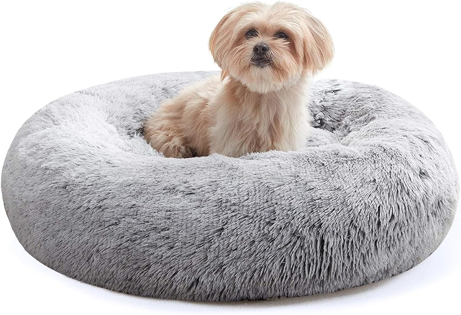 Faux Fur Dog & Cat Bed, Calming Donut Cuddler, Anti-Anxiety round Warm Washable Bed for Small to Large Pets