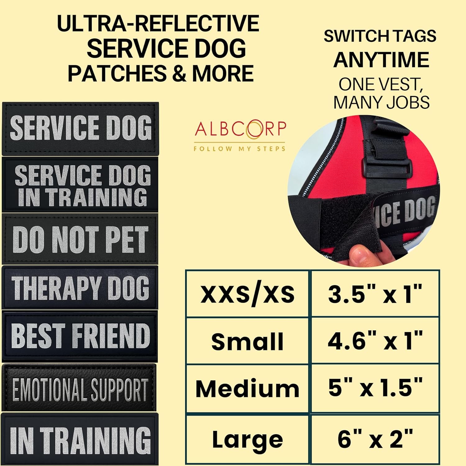 Reflective Service Dog Patches with Hook Backing for Service Animal Vests /Harnesses Small (4.6 X 1) Inch
