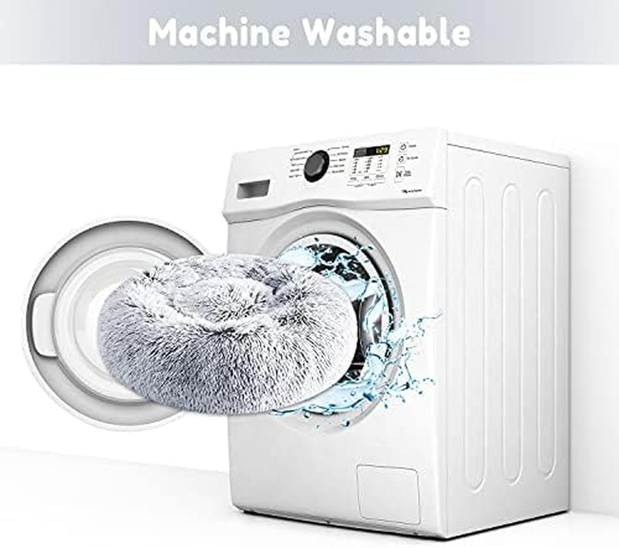 Faux Fur Dog & Cat Bed, Calming Donut Cuddler, Anti-Anxiety round Warm Washable Bed for Small to Large Pets