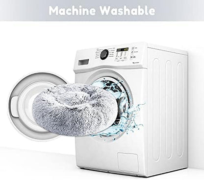 Faux Fur Dog & Cat Bed, Calming Donut Cuddler, Anti-Anxiety round Warm Washable Bed for Small to Large Pets