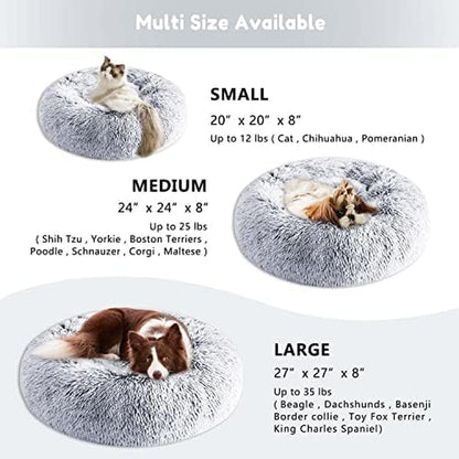 Faux Fur Dog & Cat Bed, Calming Donut Cuddler, Anti-Anxiety round Warm Washable Bed for Small to Large Pets