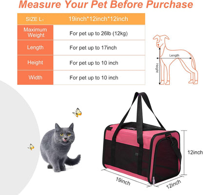 Airline Approved Cat Carrier, Soft Sided Collapsible Puppy Carrier with Locking Safety Zippers, Removable Fleece Pad and Pockets for Small Dogs Puppies Large Cat (L, Pink)