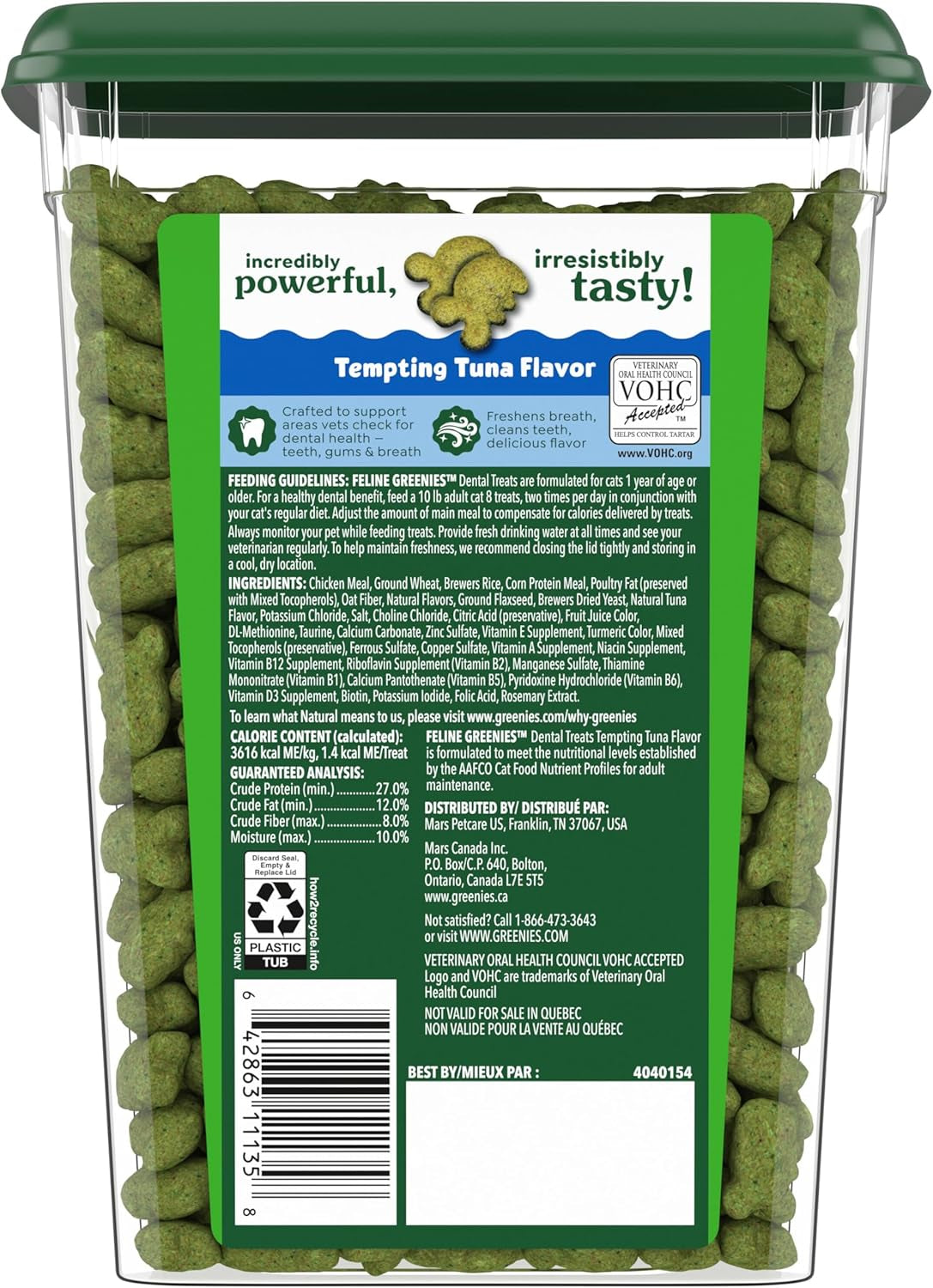 Feline Veterinarian-Recommended Adult Natural Dental Cat Treats, Tempting Tuna Flavor, 9.75 Oz. Tub