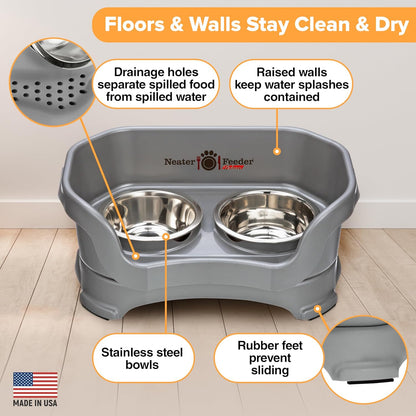 Neater Feeder Deluxe Mess Proof Dog Bowls Elevated for Small Dogs under 19 Lbs, Made in USA, No Spill Raised Dog Food Bowl Stand Feeding Station, Food and Water Bowl Set, Grey