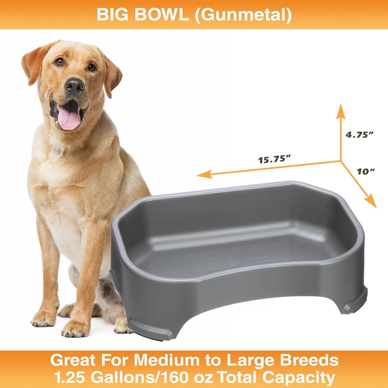 Large Water Bowl for Dogs, Outdoor Dog Water Bowl (1.25 Gallon Extra-Large Capacity), Big Trough Style Food Dish for Indoors or Outside, No Spill Large Dog Bowls, Gunmetal Grey