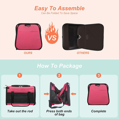 Airline Approved Cat Carrier, Soft Sided Collapsible Puppy Carrier with Locking Safety Zippers, Removable Fleece Pad and Pockets for Small Dogs Puppies Large Cat (L, Pink)