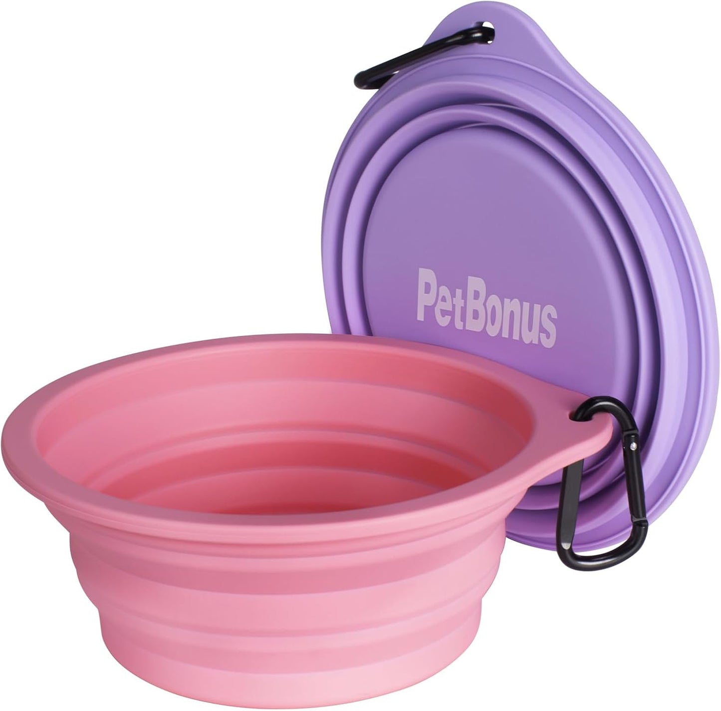2-Pack Silicone Collapsible Dog Bowls, BPA Free Dishwasher Safe, Portable Foldable Expandable Travel Bowl, Food Water Feeding Cup Dish for Dogs Cats with 2 Carabiners (Purple, Pink)