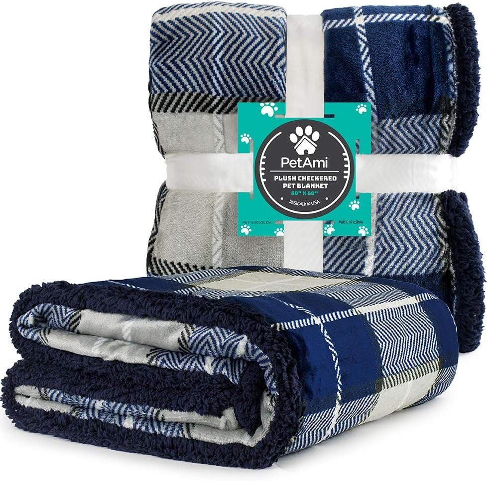 Waterproof Dog Blanket for Small Medium Dog Puppy Cat Throw for Couch Cover Leakproof Protection, Sherpa Fleece, Reversible Soft Washable 29X40 Plaid Navy Blue