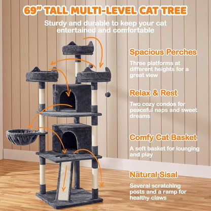 68.5In Cat Tree for Large Cats, Multi-Level Cat Tower with 3 Wide Perches, Large Condo, Stable Pet Play House W/Sisal-Covered Scratching Posts & Board, Dark Gray