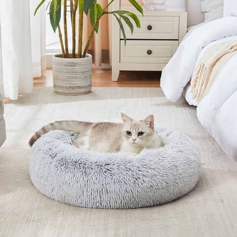 Faux Fur Dog & Cat Bed, Calming Donut Cuddler, Anti-Anxiety round Warm Washable Bed for Small to Large Pets