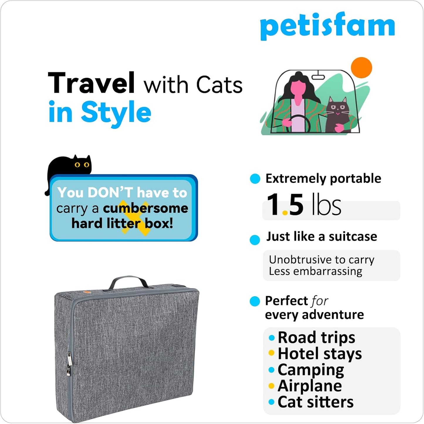 Stop Lugging a Heavy Hard Litter Box Again. Portable Cat Travel Litter Box with Zipped Lid to Keep Everything Contained. Easy to Carry, Clean and Use in Car, Hotel, Airplane