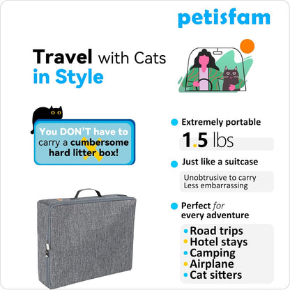 Stop Lugging a Heavy Hard Litter Box Again. Portable Cat Travel Litter Box with Zipped Lid to Keep Everything Contained. Easy to Carry, Clean and Use in Car, Hotel, Airplane